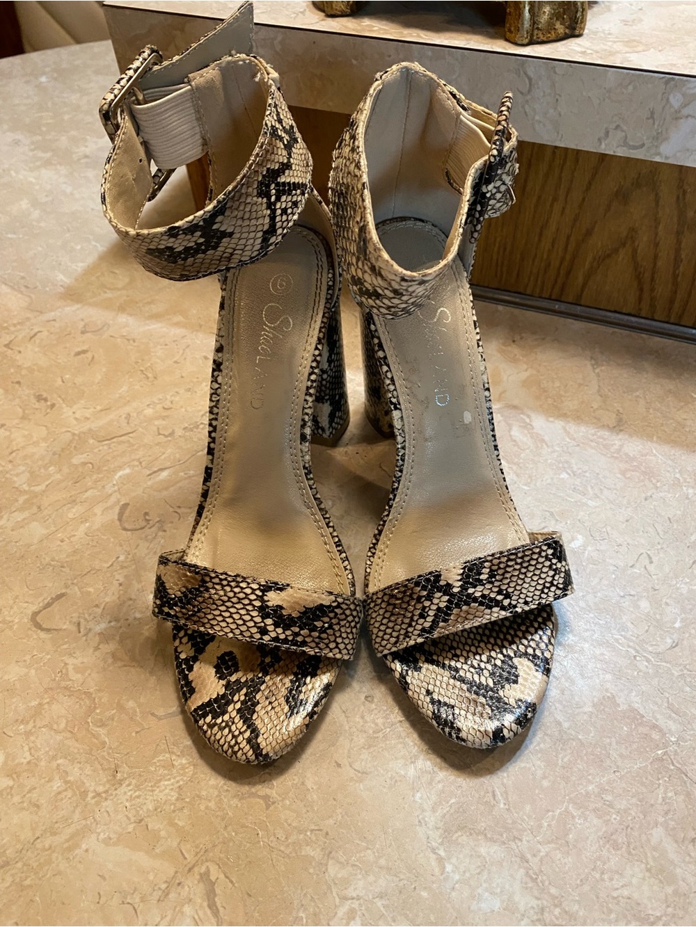 Snake-Print Ankle Strap Heels in Neutral Beige